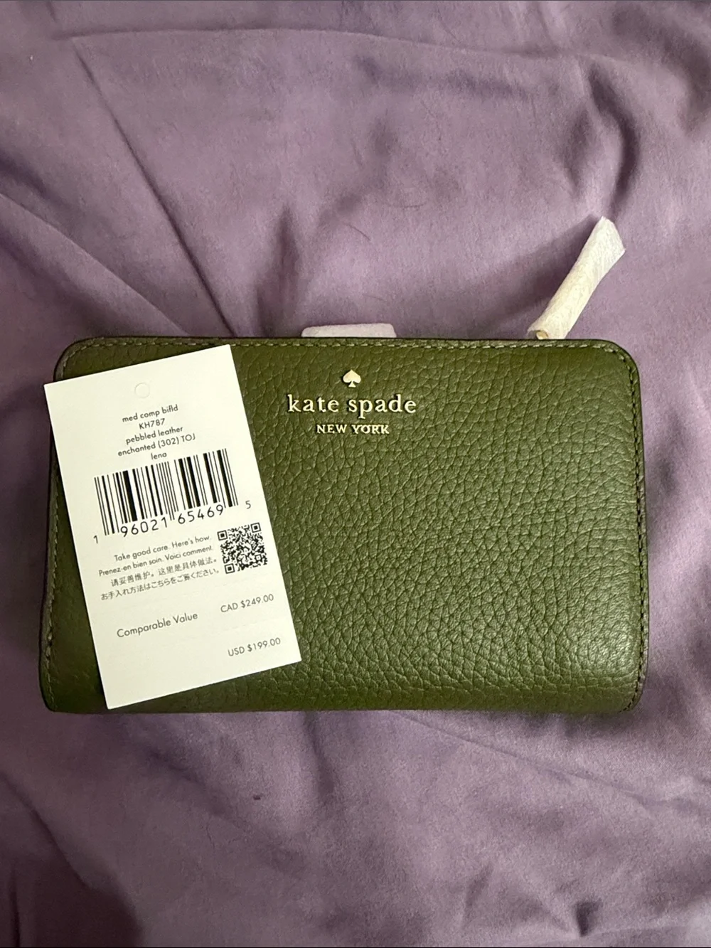 kate spade Olive Green Pebbled Zip Around Wallet with Gold Logo